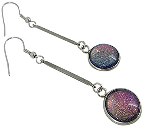 Stainless Steel Dark Pink Rainbow Colorshift Glitter Glass Matchstick Dangle Earrings