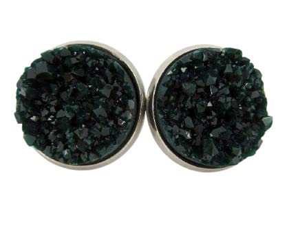 Stainless Steel Matte Faux Druzy Stone Stud Earrings 12mm (Dark Green)
