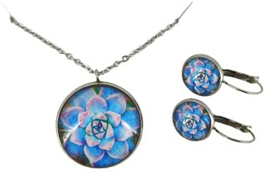 Summerfield Collection Stainless Steel Succulent Printed Glass Necklace Drop Earrings Set (Blue/Pink)