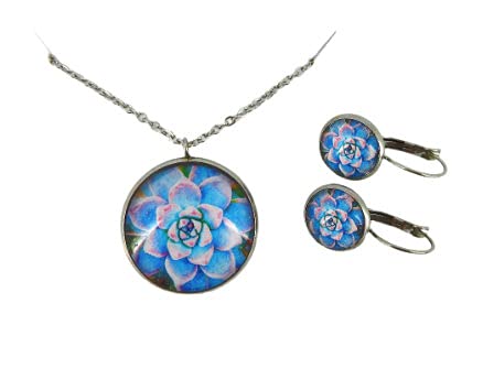 Stainless Steel Succulent Printed Glass Necklace Drop Earrings Set (Blue/Pink)