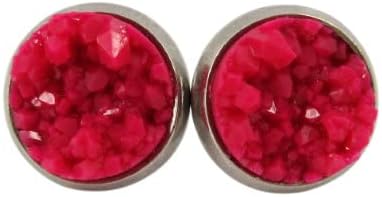 Summerfield Collection Stainless Steel Matte Faux Druzy Stone Stud Earrings 8mm (Magenta Pink)