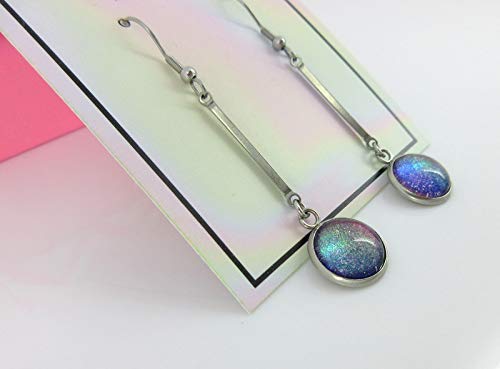 Stainless Steel Dark Pink Rainbow Colorshift Glitter Glass Matchstick Dangle Earrings