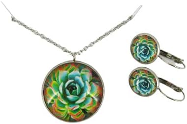 Summerfield Collection Stainless Steel Succulent Printed Glass Necklace Drop Earrings Set (Green/Yellow/Red)