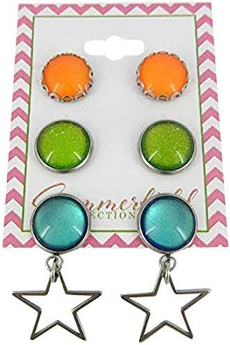 Summerfield Collection Stainless Steel Neon Tropical Summer Glass Stud and Star Dangle Trio Earrings Set