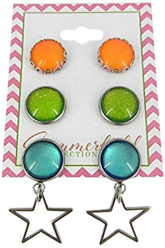 Stainless Steel Neon Tropical Summer Glass Stud and Star Dangle Trio Earrings Set