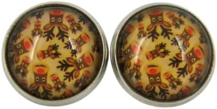 Summerfield Collection Stainless Steel Happy Reindeer Print Glass Stud Earrings 12mm Christmas