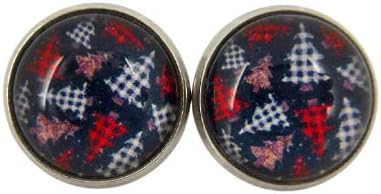 Summerfield Collection Stainless Steel Buffalo Plaid Print Glass Stud Earrings 12mm (Christmas Tree Print)