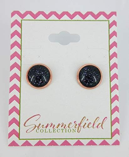 Summerfield Collection Rose Gold-tone Black and Holographic Flake Glitter Glass Stud Earrings Hand-painted 10mm
