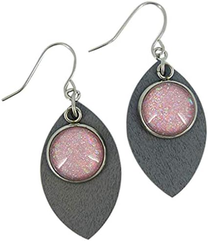 Summerfield Collection Stainless Steel Pink AB Glitter Glass Charm Gray Wood Leaf Dangle Earrings
