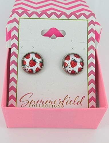 Summerfield Collection Stainless Steel Strawberry Printed Glass Stud Earrings 12mm