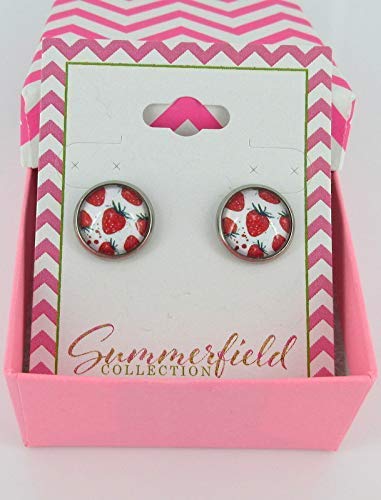 Stainless Steel Strawberry Printed Glass Stud Earrings 12mm