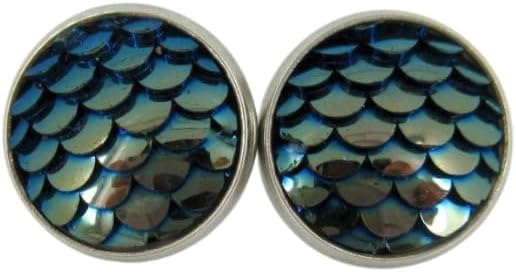 Summerfield Collection Stainless Steel Metallic Dragon Mermaid Scale Stud Earrings 12mm (Dark Gray Blue)
