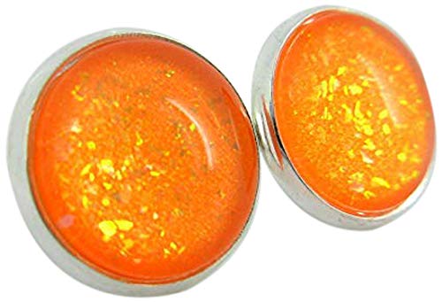 Silver-tone Neon Orange Glitter Glass Stud Earrings Hand-painted 12mm