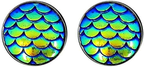 Summerfield Collection Stainless Steel Metallic Dragon Mermaid Scale Stud Earrings 12mm (Blue Green AB)