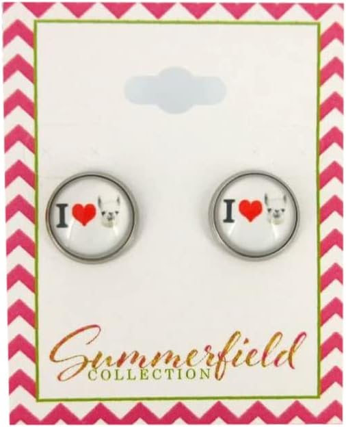 Summerfield Collection Stainless Steel Llama Print Glass Stud Earrings 12mm (I Heart Llama)