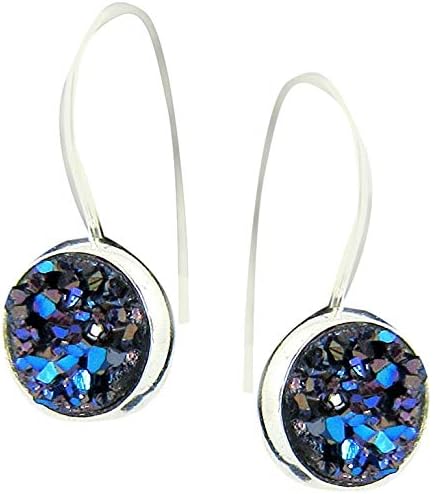 Silver-tone Metallic Faux Druzy Stone Lever-back Drop Earrings 12mm (Blue)