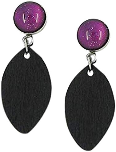 Summerfield Collection Stainless Steel Magenta Purple Glitter Glass Black Wood Drop Earrings