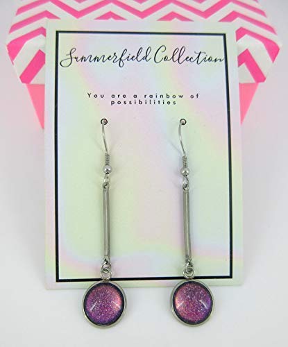Stainless Steel Dark Pink Rainbow Colorshift Glitter Glass Matchstick Dangle Earrings