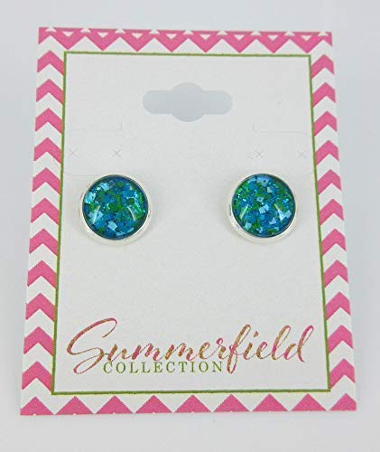 Silver-tone Aqua Blue and Green Glitter Glass Stud Earrings Hand-painted 10mm