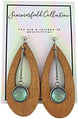 Summerfield Collection Stainless Steel Green Glitter Glass Charm Wood Teardrop Drop Earrings