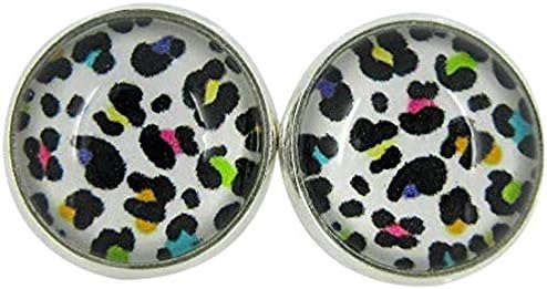 Summerfield Collection Silver-tone White and Rainbow Cheetah Animal Print Glass Stud Earrings 12mm
