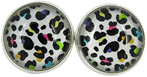 Silver-tone White and Rainbow Cheetah Animal Print Glass Stud Earrings 12mm