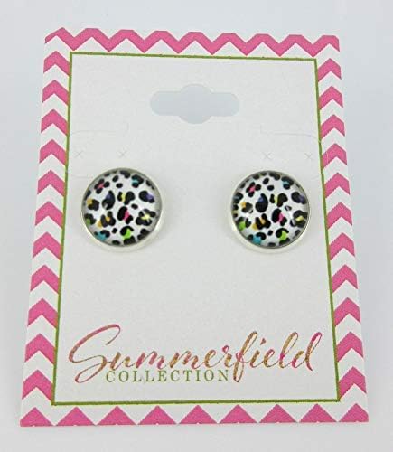 Summerfield Collection Silver-tone White and Rainbow Cheetah Animal Print Glass Stud Earrings 12mm