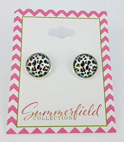 Silver-tone White and Rainbow Cheetah Animal Print Glass Stud Earrings 12mm