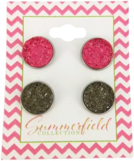Summerfield Collection Duo Stud Earrings Stainless Steel Faux Druzy Stone 12mm Set (Pink/Gray)