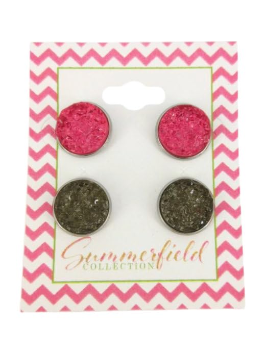 Duo Stud Earrings Stainless Steel Faux Druzy Stone 12mm Set (Pink/Gray)