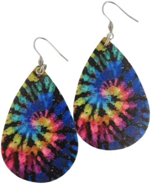 Summerfield Collection Tie Dye Faux Leather Large Teardrop Dangle Earrings Stainless Steel Black Rainbow