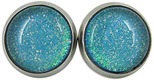 Stainless Steel Ocean Green Blue Glitter Glass Stud Earrings Hand-painted 10mm