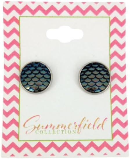 Summerfield Collection Stainless Steel Metallic Dragon Mermaid Scale Stud Earrings 12mm (Dark Gray Blue)