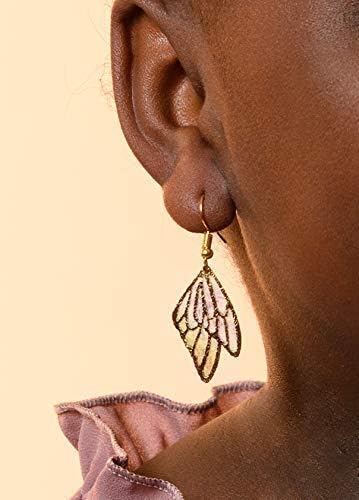 Summerfield Collection Gold Tone Butterfly Wing Fabric Dangle Earrings (Purple and Green Double Wing)