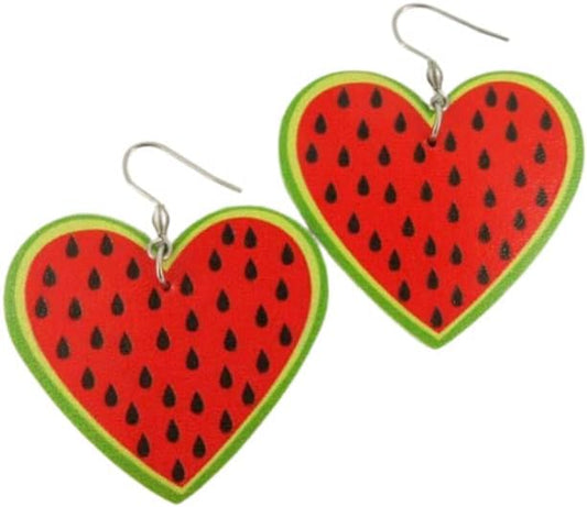 Summerfield Collection Watermelon Faux Leather Large Heart Dangle Earrings Stainless Steel Red Green Black Fruit