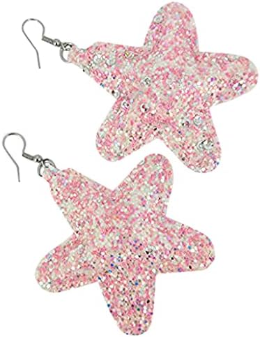 Summerfield Collection Stainless Steel Pastel Glitter Faux Leather Large Puffy Star Dangle Earrings (Medium Pink)