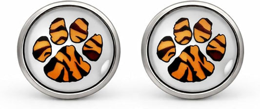 Summerfield Collection Stainless Steel Orange and Black Paw Print Glass Stud Earrings 12mm (Soft Paw)