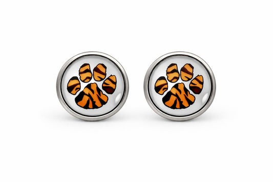 Stainless Steel Orange and Black Paw Print Glass Stud Earrings 12mm (Soft Paw)