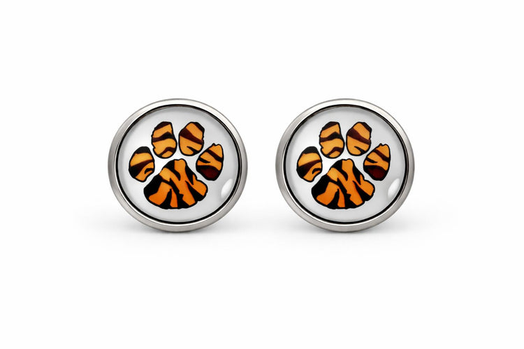 Stainless Steel Orange and Black Paw Print Glass Stud Earrings 12mm (Soft Paw)