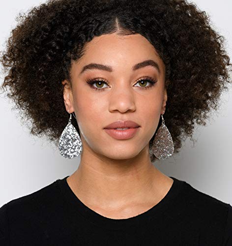 Silver Glitter Faux Leather Large Teardrop Dangle Earrings