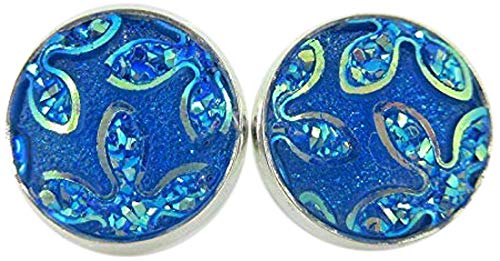 Silver-tone Frosted Flower Metallic Rainbow Stud Earrings 12mm (Sky Blue)
