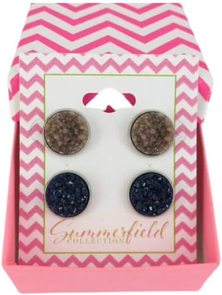 Summerfield Collection Duo Stud Earrings Stainless Steel Faux Druzy Stone 12mm Set (Taupe Brown/Navy Blue)