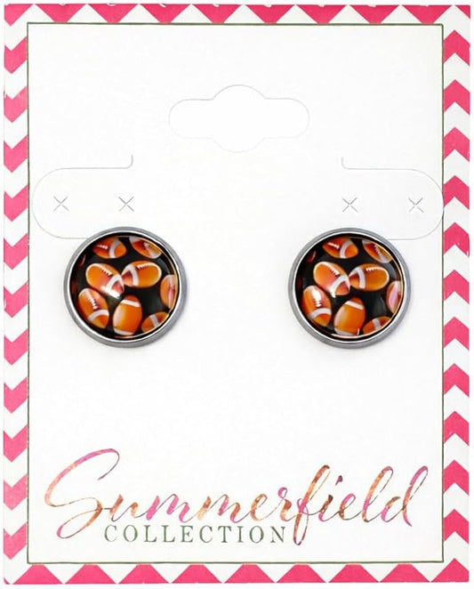 Summerfield Collection Stainless Steel Football Print Glass Stud Earrings 12mm
