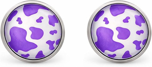 Summerfield Collection Stainless Steel Cow Animal Print Glass Stud Earrings 12mm Black (Purple)