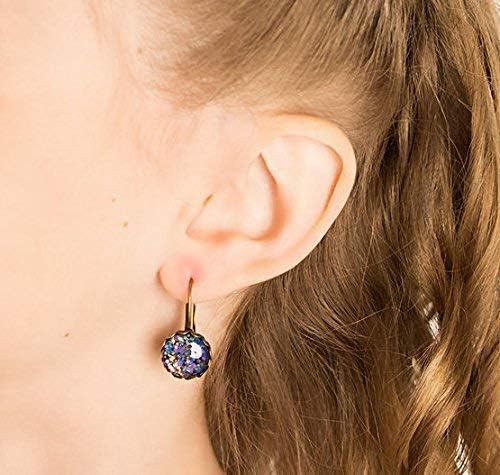 Summerfield Collection Antiqued Gold-tone Purple Blue Green Iridescent Glitter Glass Lever-back Earrings Hand-painted