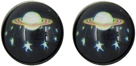 Summerfield Collection Stainless Steel Black Planet and Star Galaxy Print Glass Stud Earrings 12mm