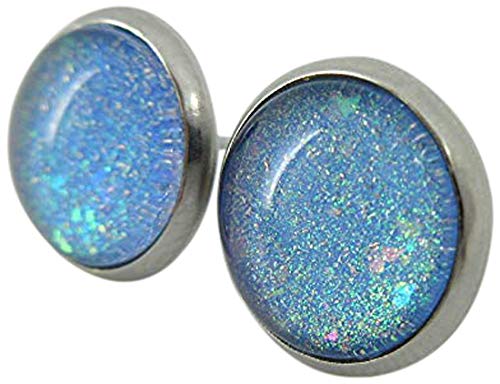Stainless Steel Sky Blue and Rainbow Glitter Flake Glass Stud Earrings Hand-painted 10mm