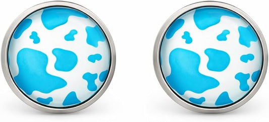 Summerfield Collection Stainless Steel Cow Animal Print Glass Stud Earrings 12mm Black (Aqua Blue)