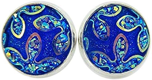 Summerfield Collection Silver-tone Frosted Flower Metallic Rainbow Stud Earrings 12mm (Royal Blue)