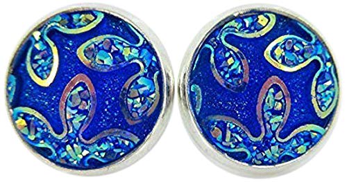 Silver-tone Frosted Flower Metallic Rainbow Stud Earrings 12mm (Royal Blue)